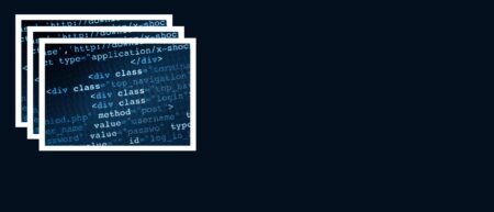 Three inset images of html code written in blue on a dark blue background