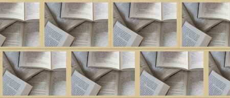 Two rows of an image of books lying open, with three and a half of the images on each row, not lined up with each other