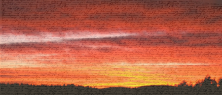 A sunset that fades from a dark purple-pink at the top, to a pink orange, before becoming yellow at the black horizon of trees. Overlayed are handwritten words that are small and illegible.