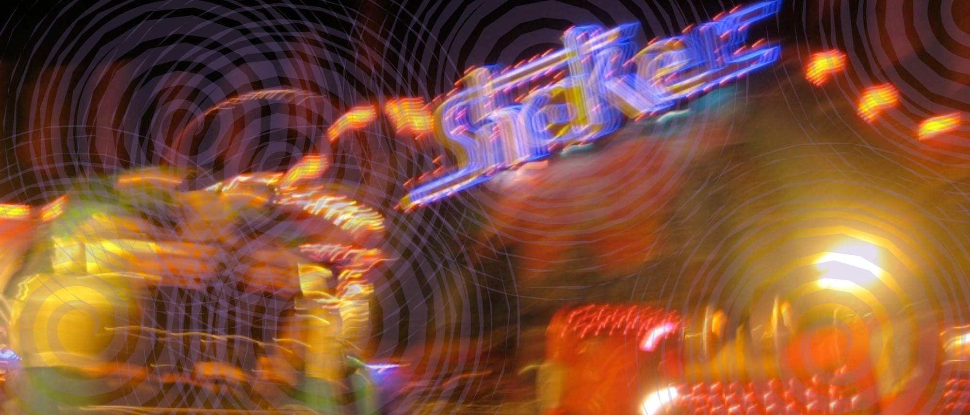 A somewhat blurry image of a lit-up carnival ride called The Shaker in motion. Overlayed are semi-transparent purple spirals in an indistinguishable pattern.