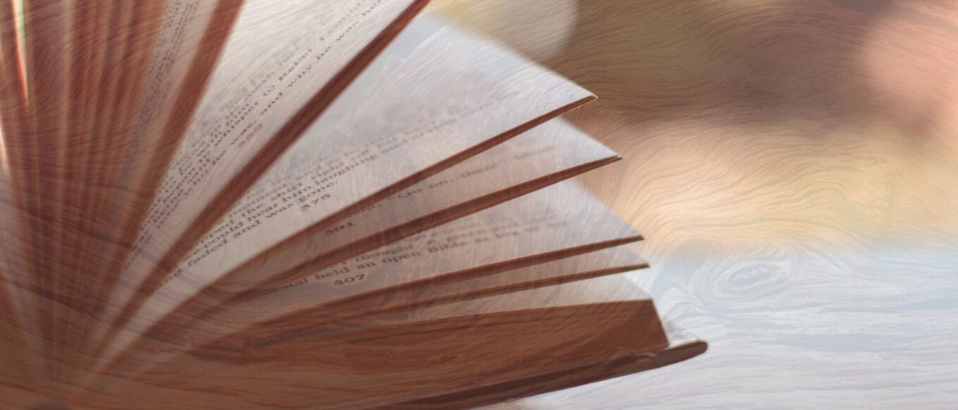 A photo of an open book where you only see the bottom of the book and the back cover overlayed on a photo of wood grain.