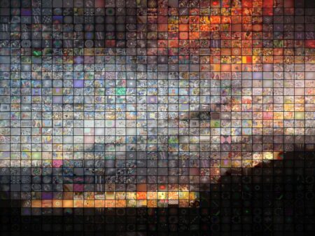 This is a picture of a sunset comprised of many small individual pictures of other things.